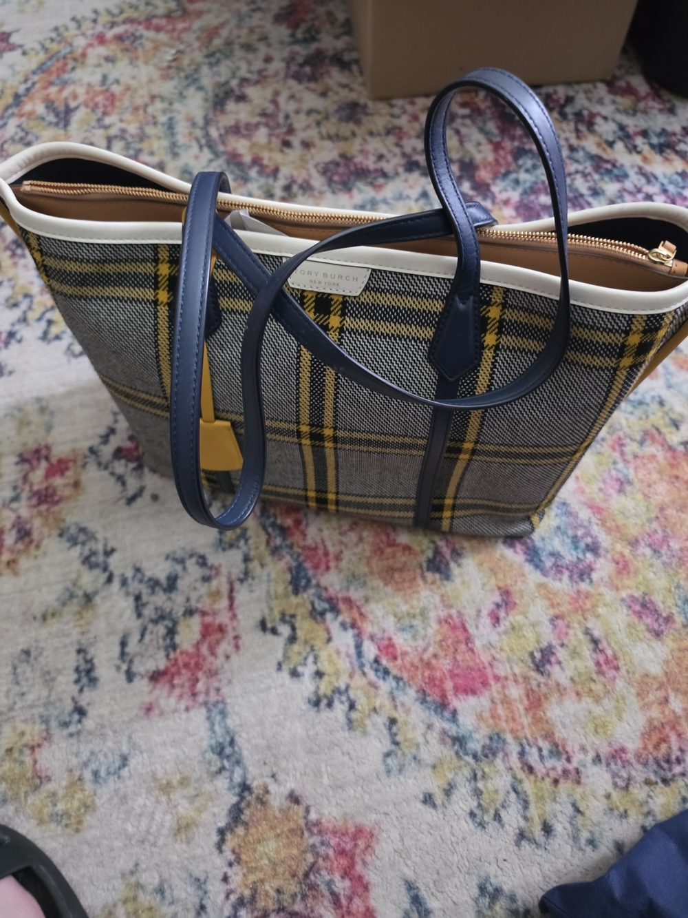 Tory Burch Plaid Tote with Navy Straps and Yellow Accents